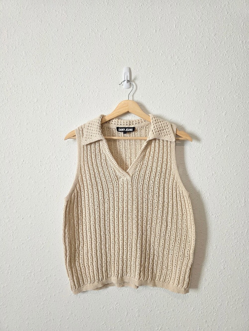 Neutral Cotton Linen Collared Knit Tank XL